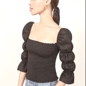 NWT Reformation Gala Linen Smocked Puffed 3/4 Sleeve Black Top - Black XS